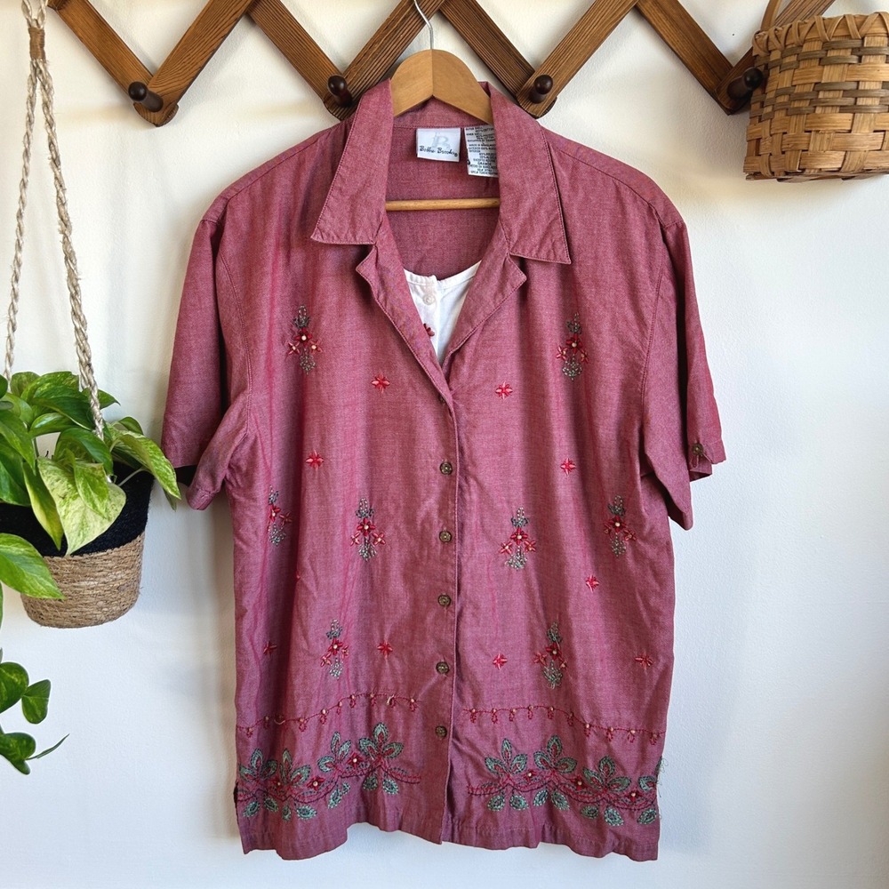 Vintage Bobbie Brooks Large Red Floral Embroidered Beaded Chambray Button Shirt